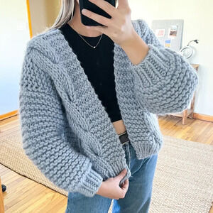 Mr. Mittens 100% Wool Diamond Bomber Cable Knit Chunky Open Cardigan Sweater